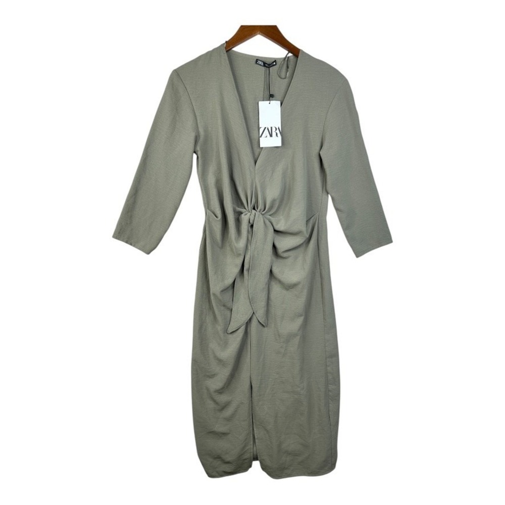 NWT Zara Olive Green Knot Front Midi Length Dress Size Small